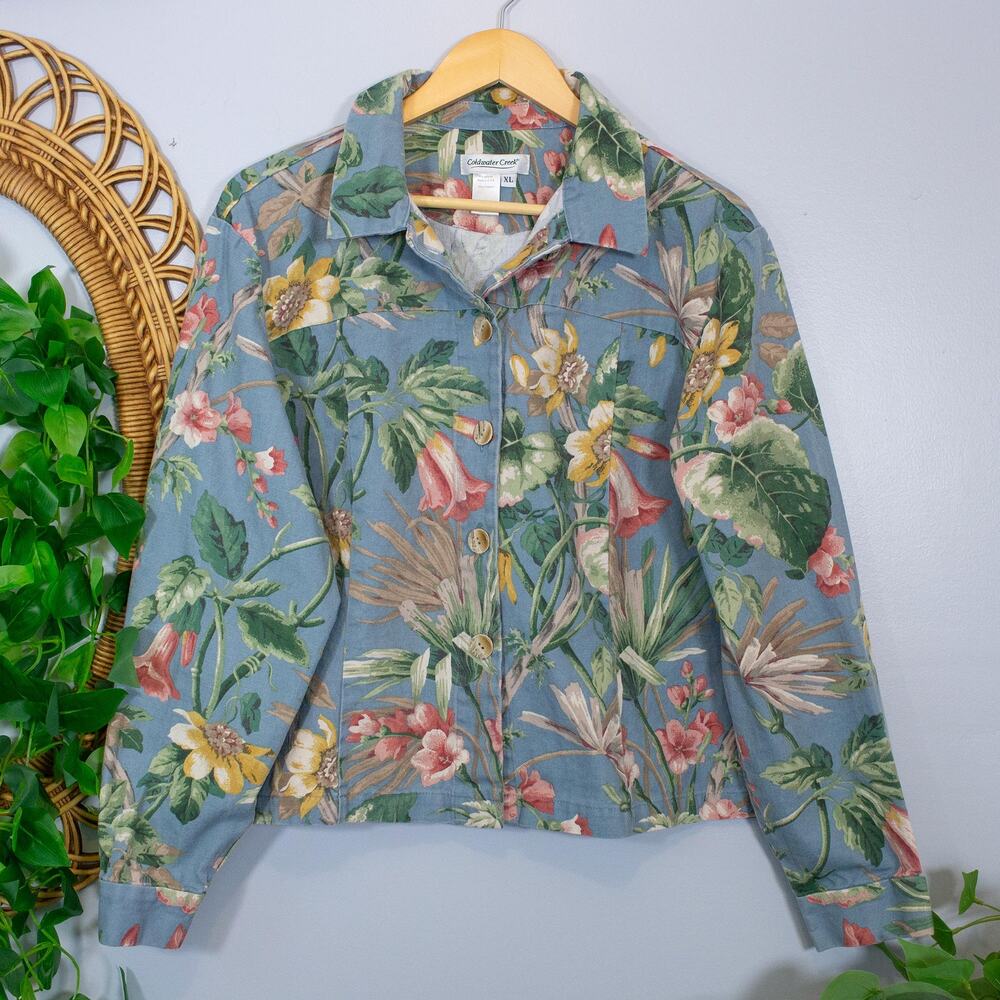 Vtg Cottagecore Blue Floral Cotton Cropped Jacket Botanical Layer Soft Summer